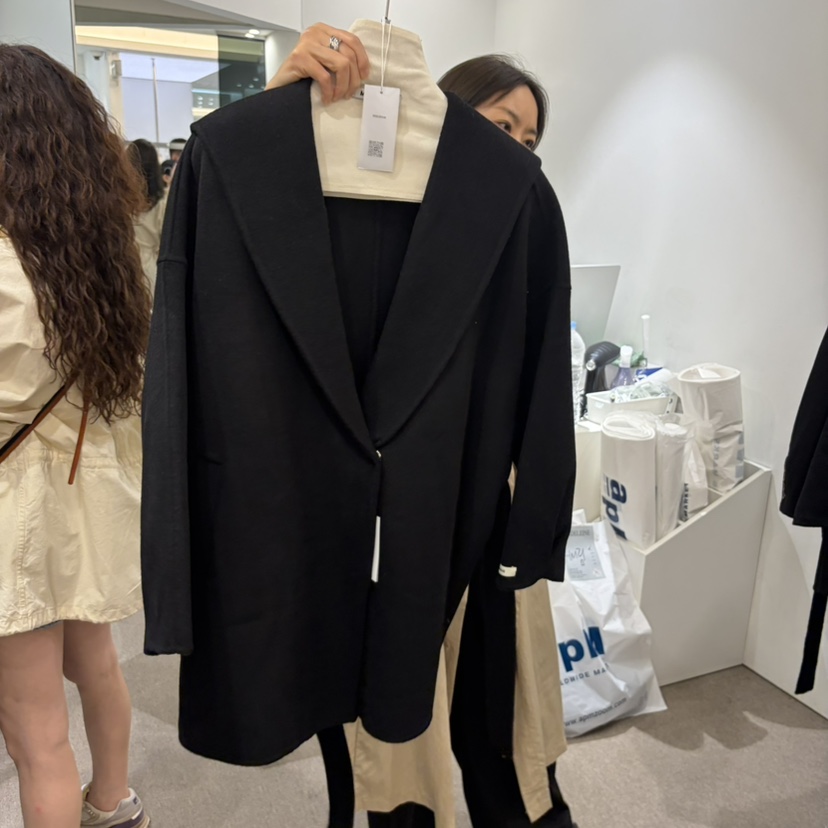 MADELEINE韓國代購女士新品熱賣休閑短款大衣含腰帶手工羊毛MADELEINE短款大衣圖色3黑