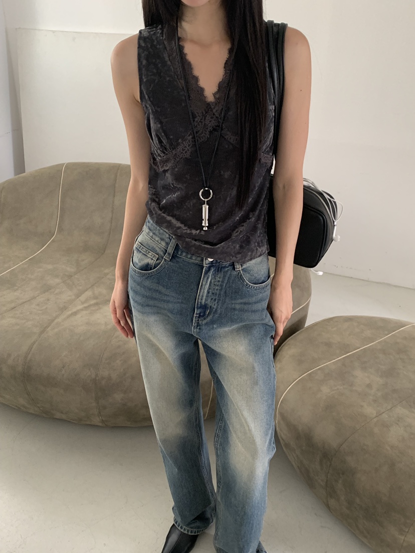 RIVER RAIN東大門直郵女裝新品休閑吊帶背心蕾絲絲絨無袖RIVER RAIN吊帶/背心