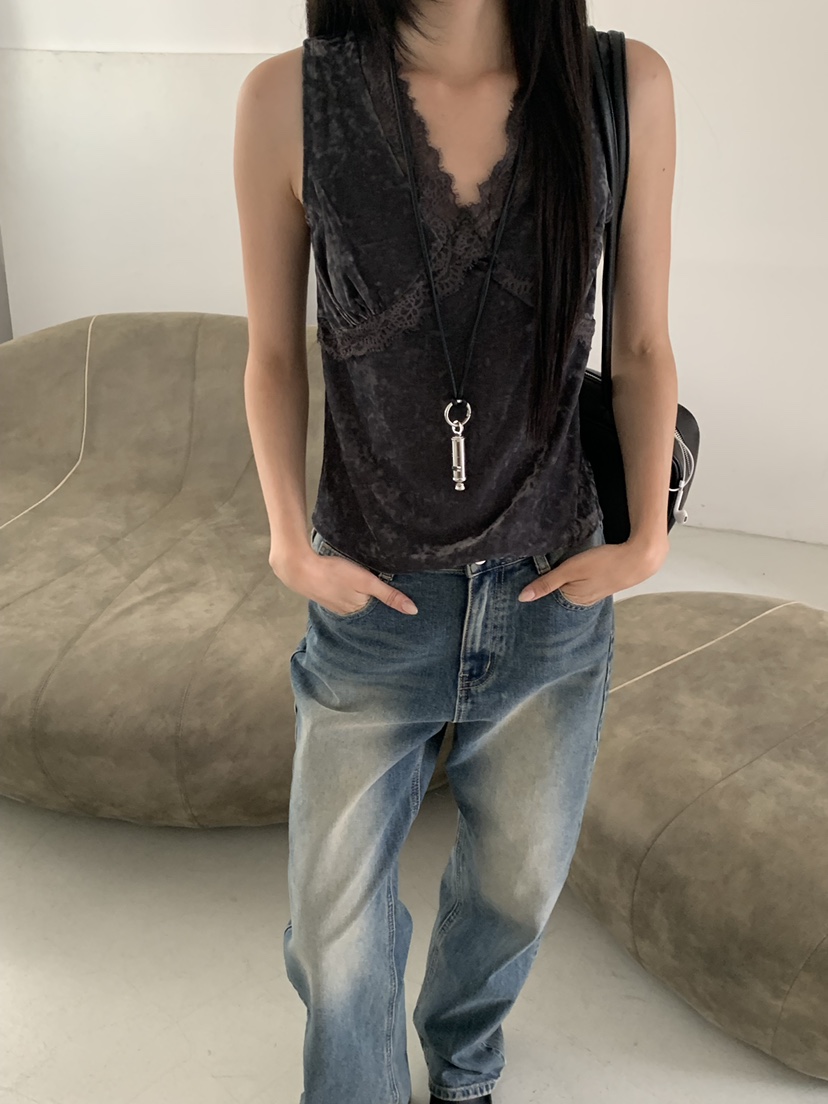 RIVER RAIN東大門直郵女裝新品休閑吊帶背心蕾絲絲絨無袖RIVER RAIN吊帶/背心