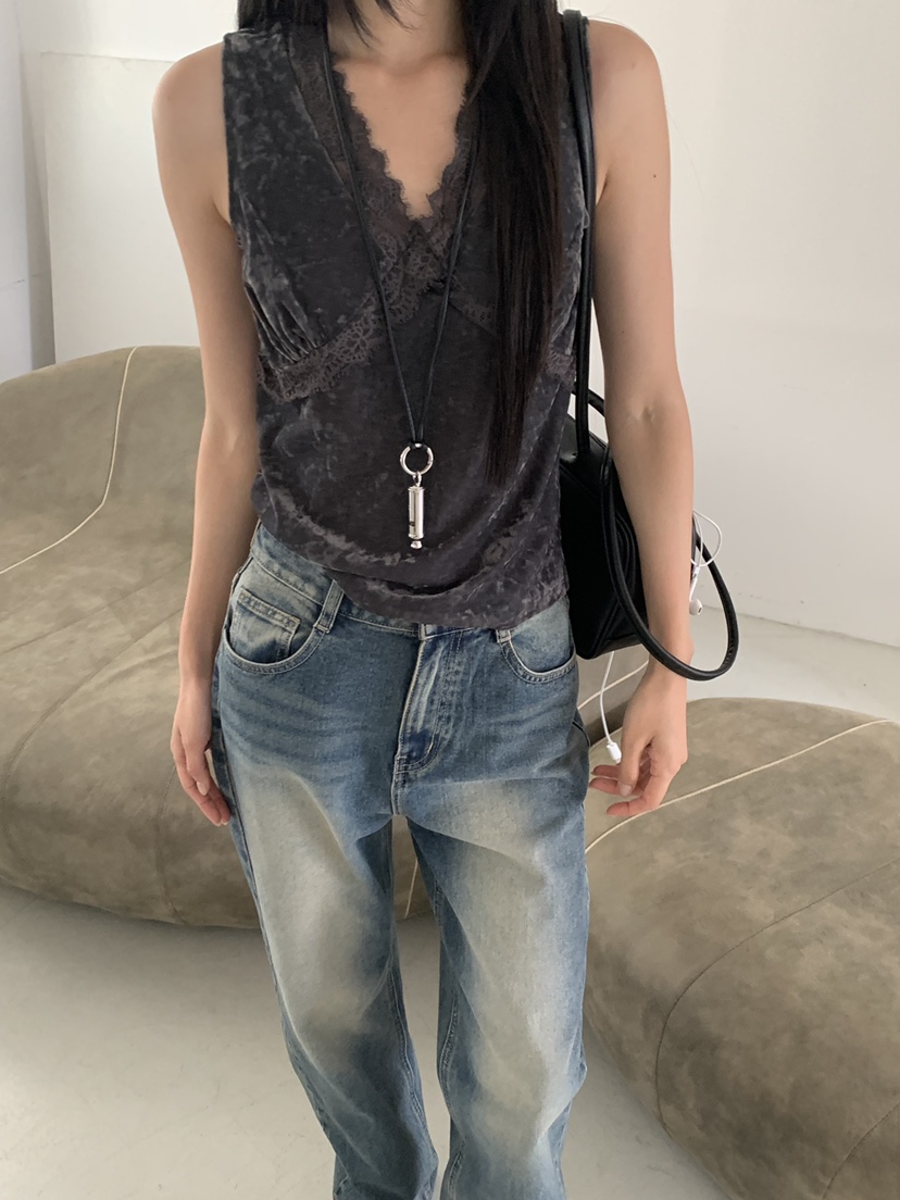 RIVER RAIN東大門直郵女裝新品休閑吊帶背心蕾絲絲絨無袖RIVER RAIN吊帶/背心