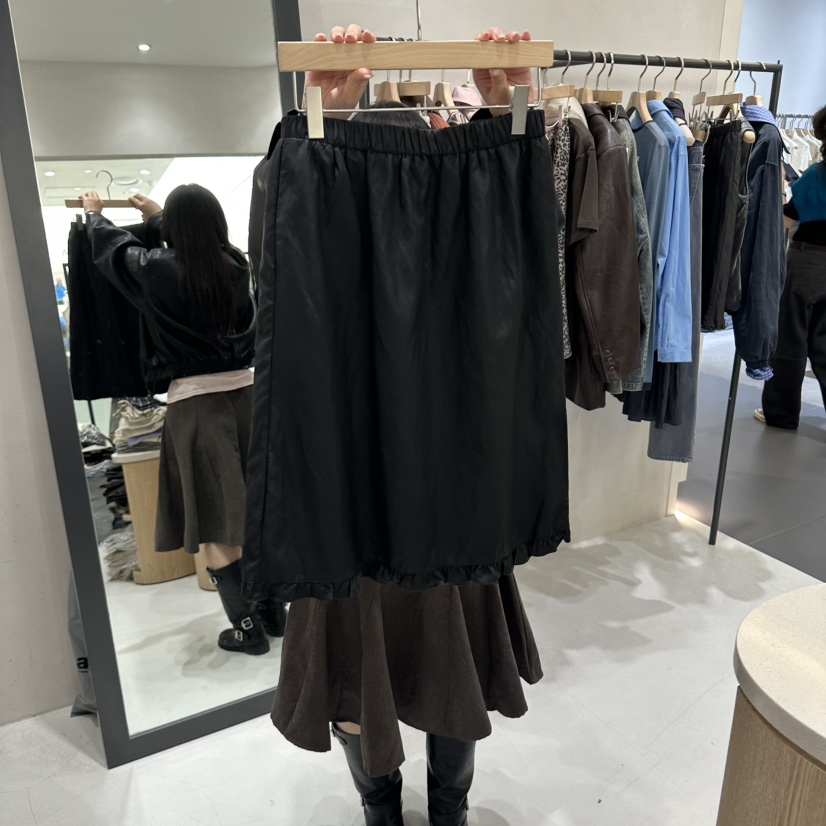 AURA東大門代購女裝新品休閑真品熱賣半身裙中短裙皮革褶邊Au ra半身裙/中短裙圖色2