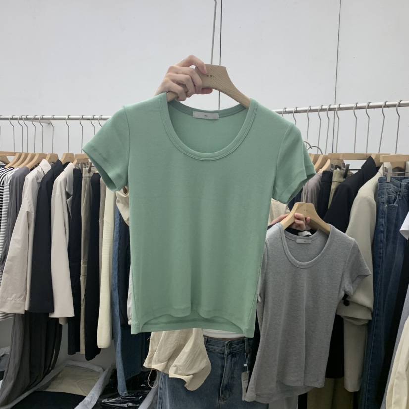MOI-A東大門實拍女裝新品熱賣休閑人氣真品時尚T恤U領修身MOI-AT恤圖色2