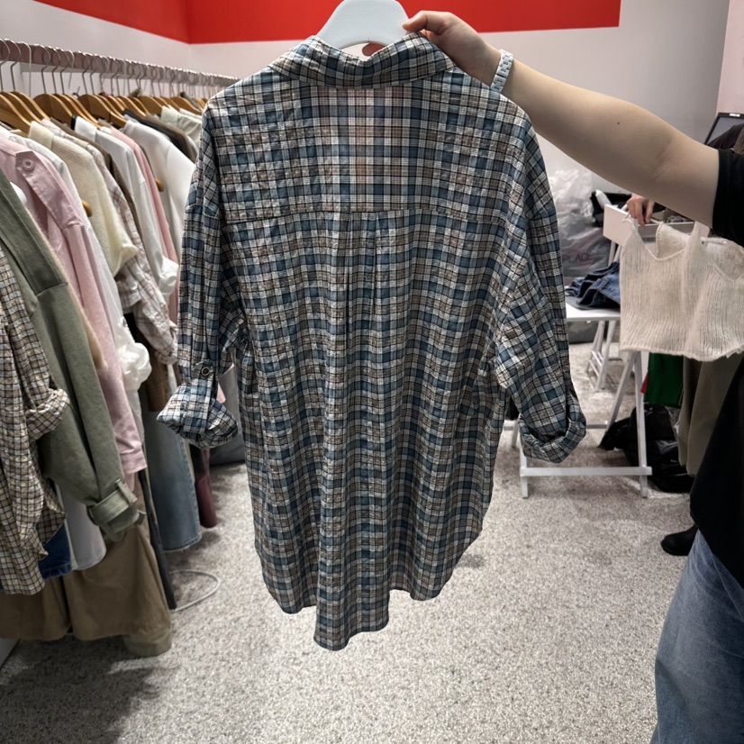 ATPZ東大門實拍女裝新品時尚熱賣襯衫蕾絲衫不含內搭格紋ATTENTION PLEAES襯衫/蕾絲衫