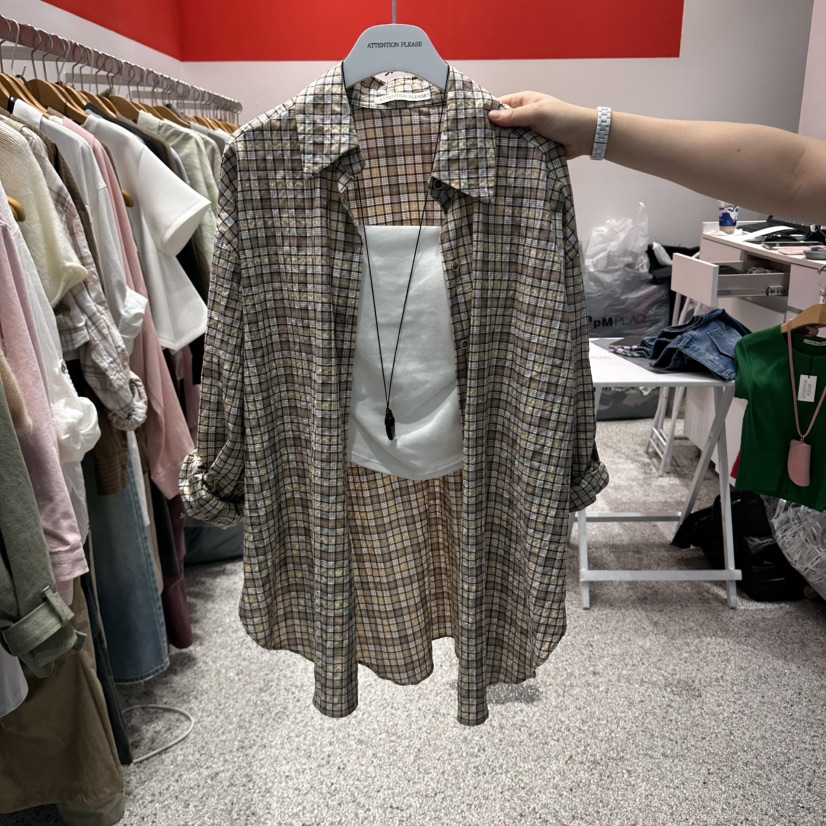 ATPZ東大門實拍女裝新品時尚熱賣襯衫蕾絲衫不含內搭格紋ATTENTION PLEAES襯衫/蕾絲衫圖色2