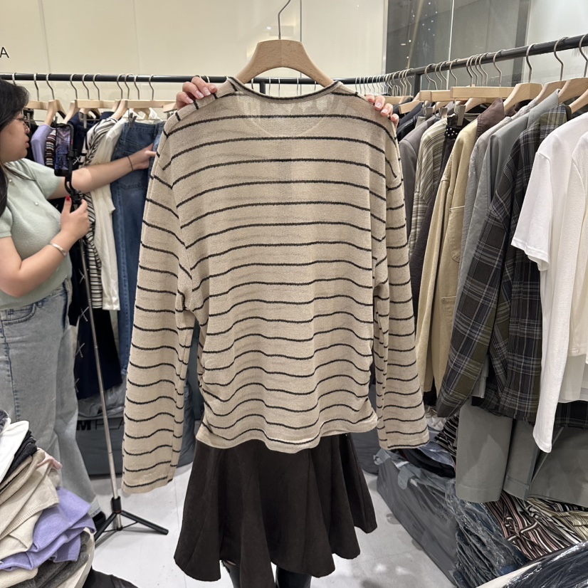 AURA東大門代購女士新款休閑真品熱賣時尚長袖T恤條紋紐扣Au ra長袖T恤