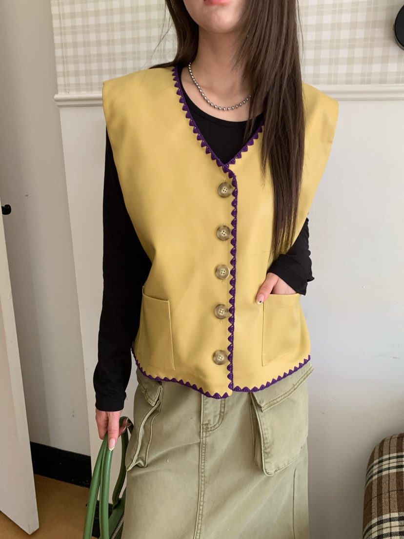 MAISONDEGLORY韓國直郵女士新品休閑人氣馬甲不含內搭皮革MAISONDEGLORY馬甲