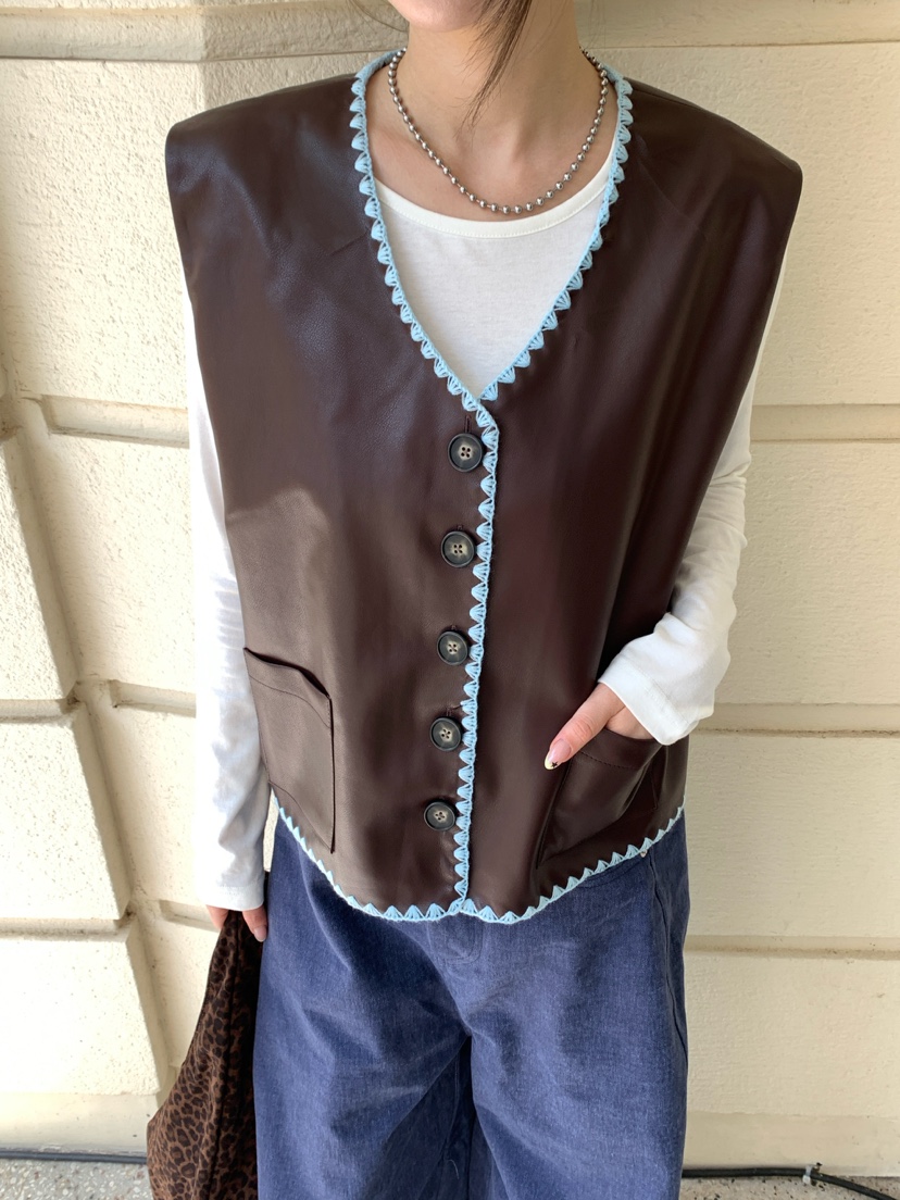 MAISONDEGLORY韓國直郵女士新品休閑人氣馬甲不含內搭皮革MAISONDEGLORY馬甲