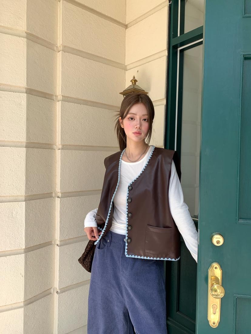 MAISONDEGLORY韓國直郵女士新品休閑人氣馬甲不含內搭皮革MAISONDEGLORY馬甲