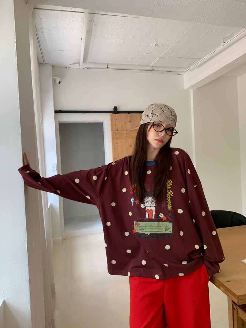 MAISONDEGLORY韓國代購女裝新品真品休閑長袖T恤撞色圓點MAISONDEGLORY長袖T恤