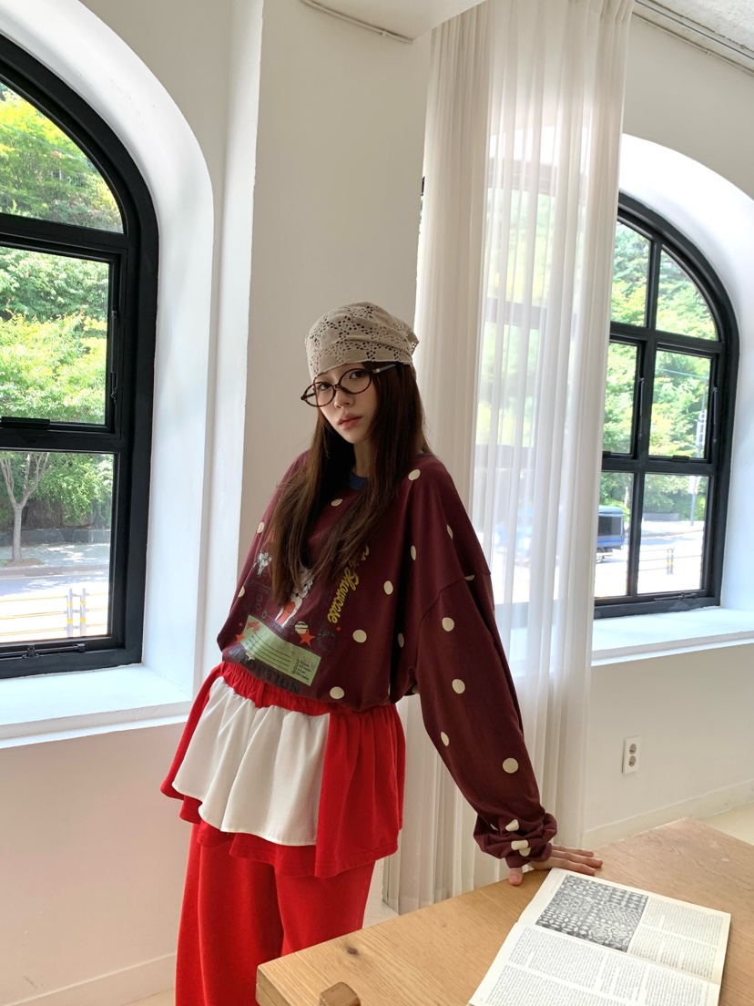 MAISONDEGLORY韓國代購女裝新品真品休閑長袖T恤撞色圓點MAISONDEGLORY長袖T恤
