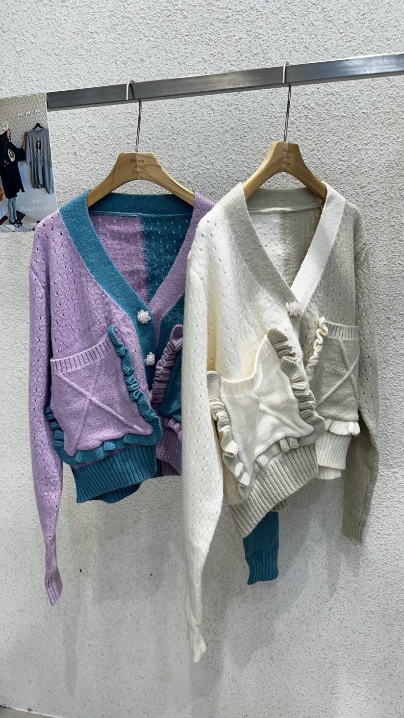 MAISONDEGLORY東大門代購女士新款休閑針織衫荷葉邊撞色開衫MAISONDEGLORY針織衫