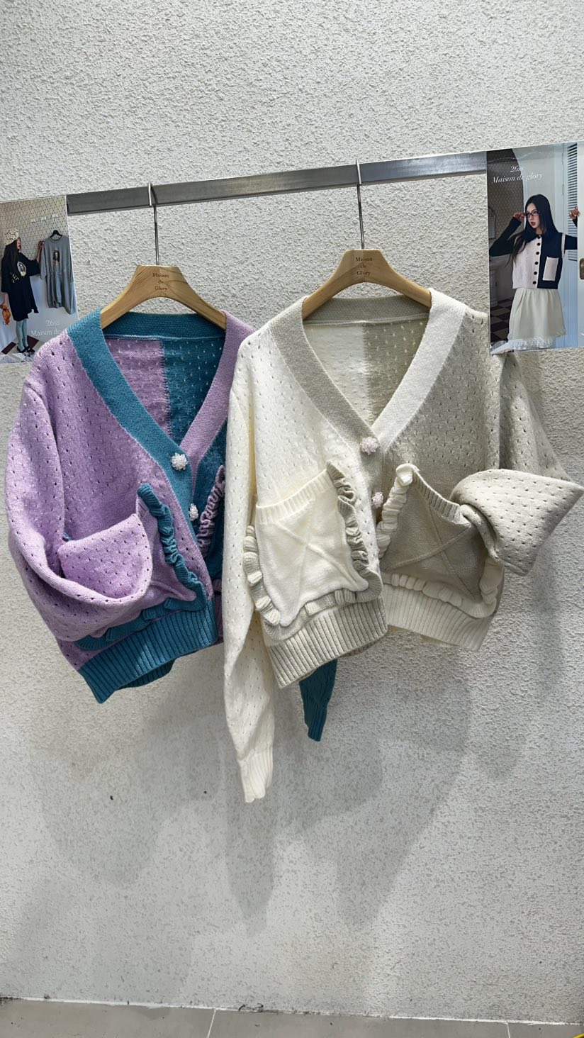 MAISONDEGLORY東大門代購女士新款休閑針織衫荷葉邊撞色開衫MAISONDEGLORY針織衫
