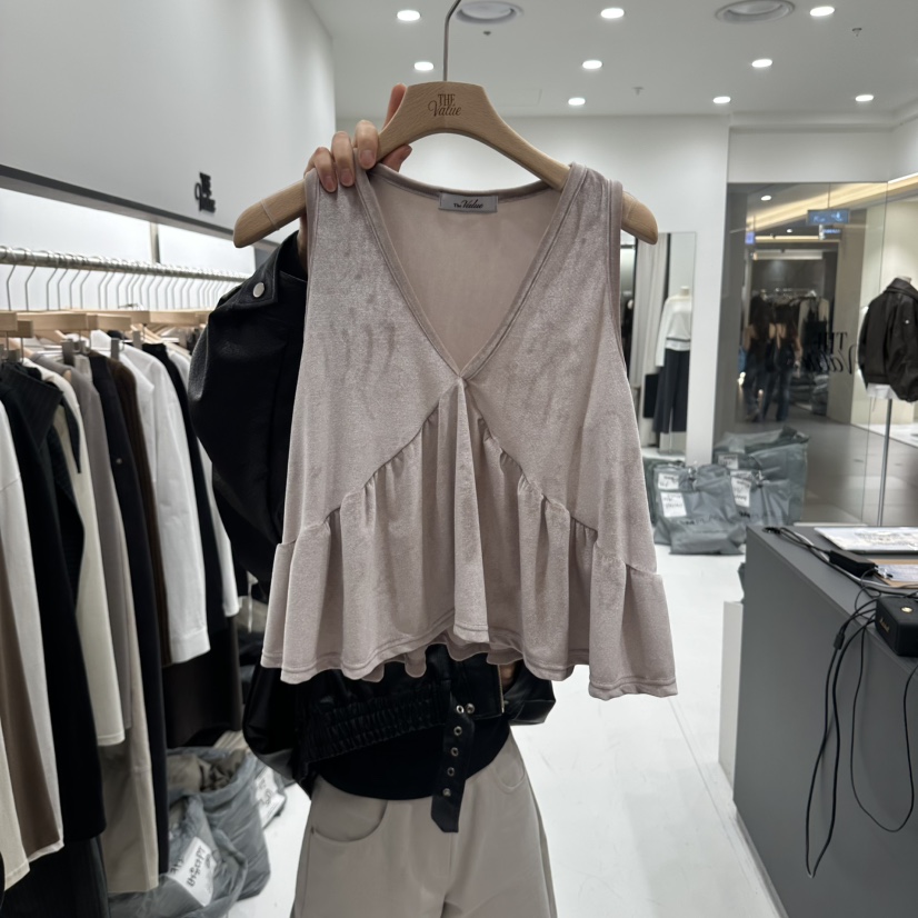 THE VALUE東大門代購女士新品時尚吊帶背心天鵝絨荷葉邊無袖THE VALUE吊帶/背心圖色1