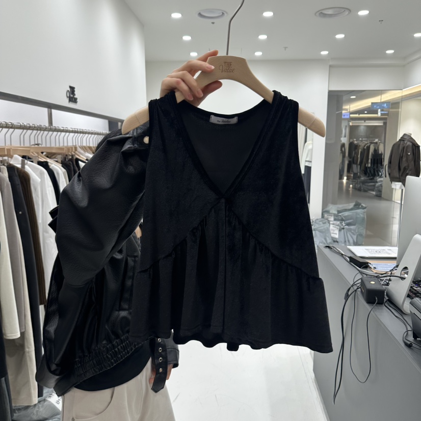 THE VALUE東大門代購女士新品時尚吊帶背心天鵝絨荷葉邊無袖THE VALUE吊帶/背心圖色2