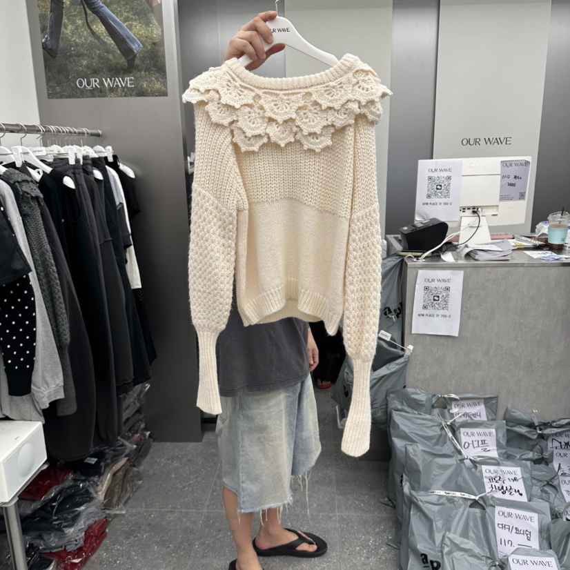 OURWAVE/OUR ROOM東大門實拍女士新品推薦毛衣褶邊針織花朵OURWAVE/OUR ROOM毛衣圖色1