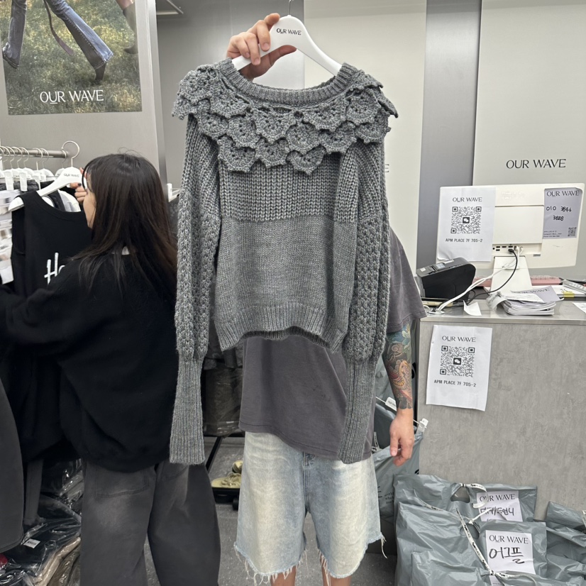 OURWAVE/OUR ROOM東大門實拍女士新品推薦毛衣褶邊針織花朵OURWAVE/OUR ROOM毛衣圖色3