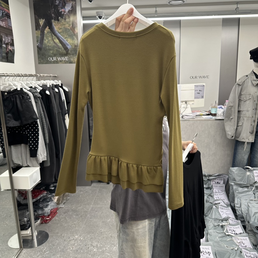 OURWAVE/OUR ROOM東大門實拍女裝新款真品長袖T恤不對稱褶邊OURWAVE/OUR ROOM長袖T恤