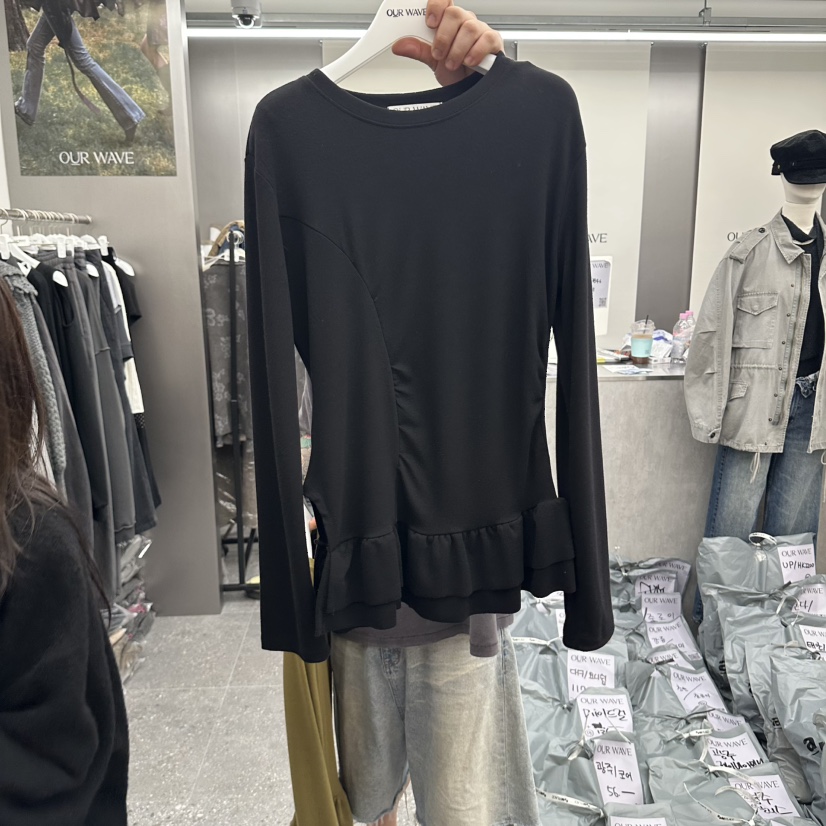 OURWAVE/OUR ROOM東大門實拍女裝新款真品長袖T恤不對稱褶邊OURWAVE/OUR ROOM長袖T恤圖色3