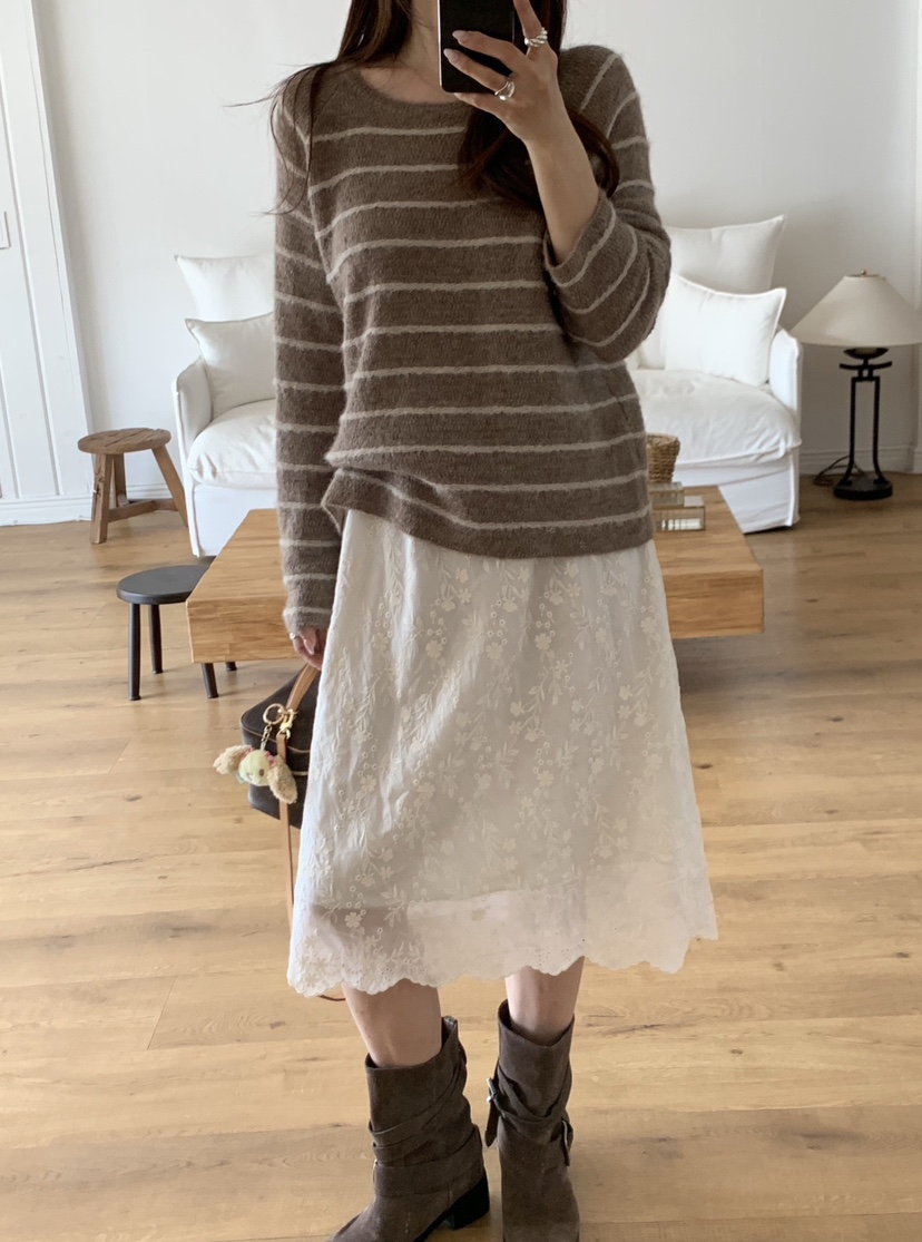 LA CREME韓國代購女士新品人氣休閑半身裙中短裙刺繡蕾絲LA CREME半身裙/中短裙