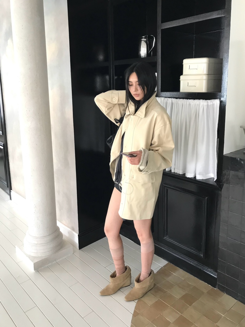 OVERK東大門代購女士新品人氣推薦時尚中長款大衣絨面革口袋OVERK中長款大衣