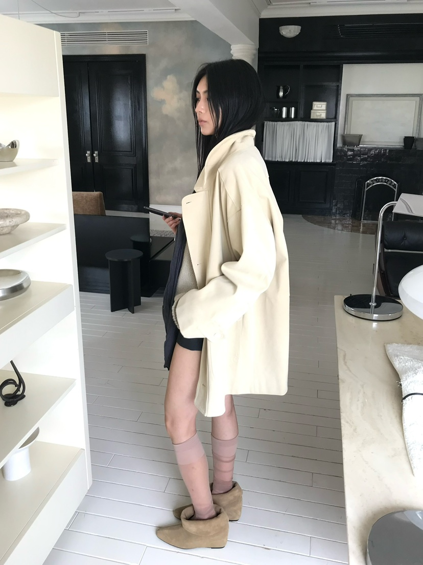 OVERK東大門代購女士新品人氣推薦時尚中長款大衣絨面革口袋OVERK中長款大衣