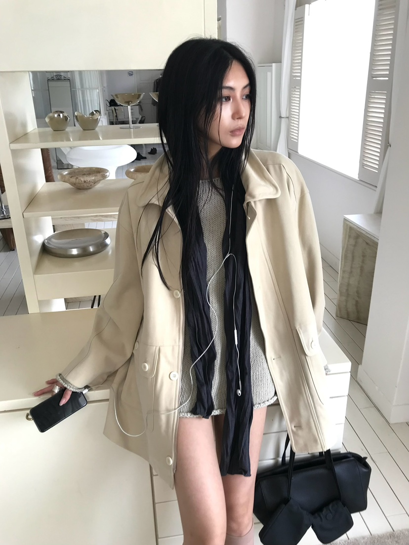 OVERK東大門代購女士新品人氣推薦時尚中長款大衣絨面革口袋OVERK中長款大衣