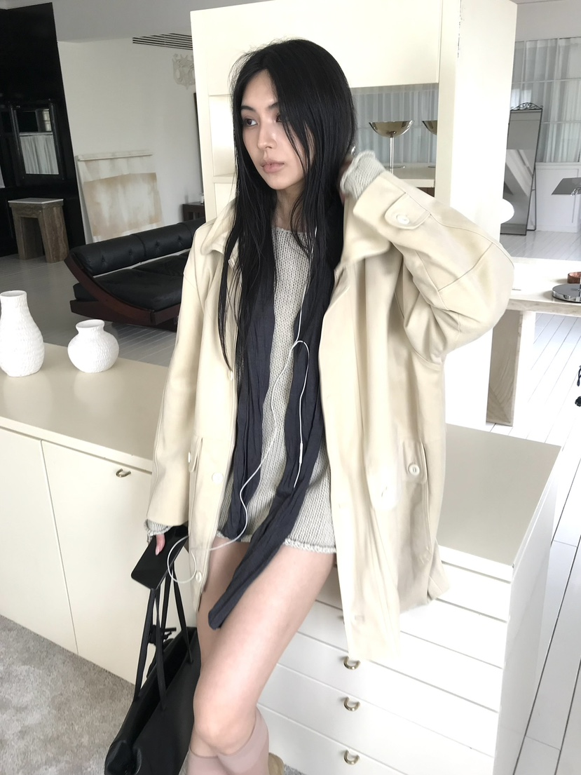 OVERK東大門代購女士新品人氣推薦時尚中長款大衣絨面革口袋OVERK中長款大衣