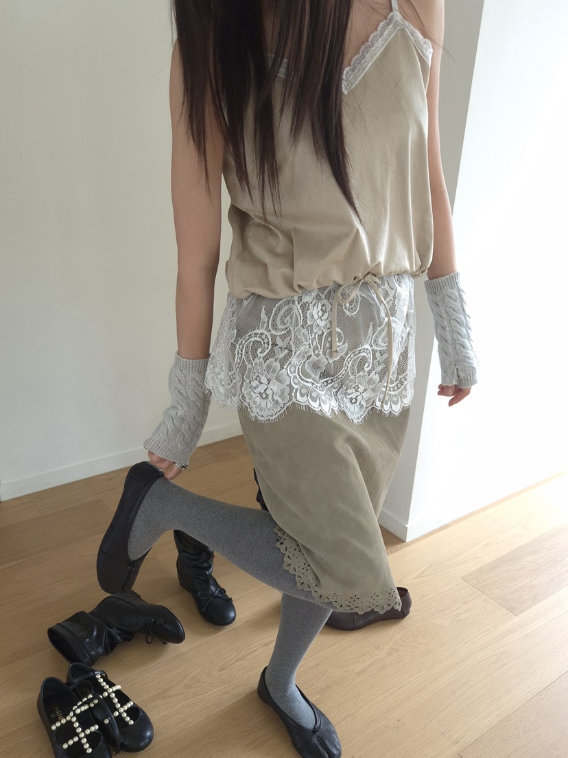 OUS/INCH-L韓國代購女裝新品熱賣時尚吊帶背心麂皮蕾絲OUS/INCH吊帶/背心