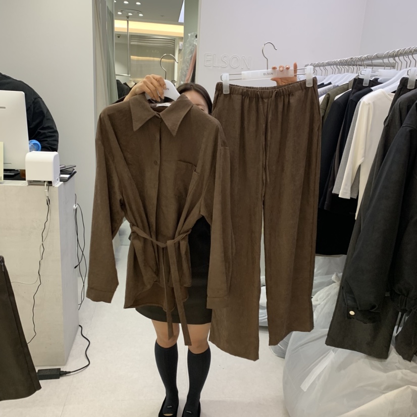 ELSON韓國代購女士新品休閑熱賣推薦時尚真品套裝含腰帶麂皮ELSON套裝圖色1棕色
