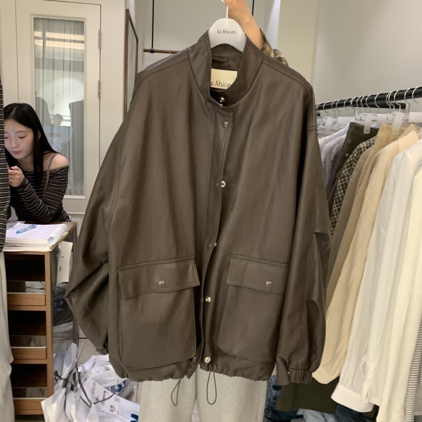 LE AHICON韓國代購女裝新品休閑人氣熱賣真品時尚夾克羊皮Le Ahicon夾克圖色2棕色