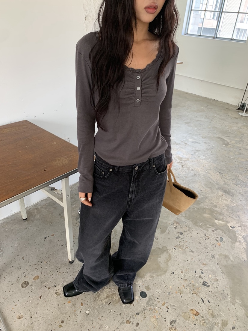 SUNDER MARKET東大門直郵女士新品熱賣推薦長袖T恤蕾絲羅紋SUNDER MARKET長袖T恤