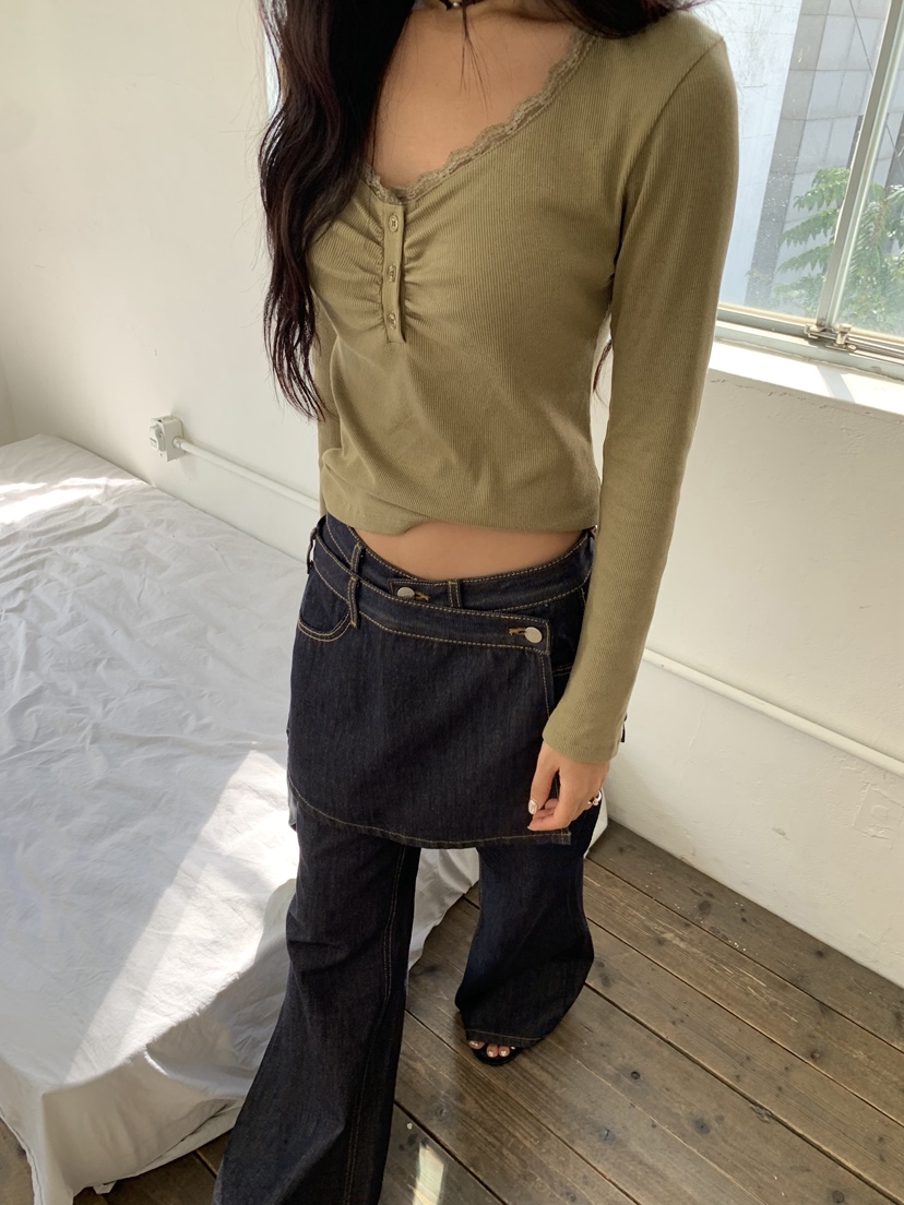 SUNDER MARKET東大門直郵女士新品熱賣推薦長袖T恤蕾絲羅紋SUNDER MARKET長袖T恤
