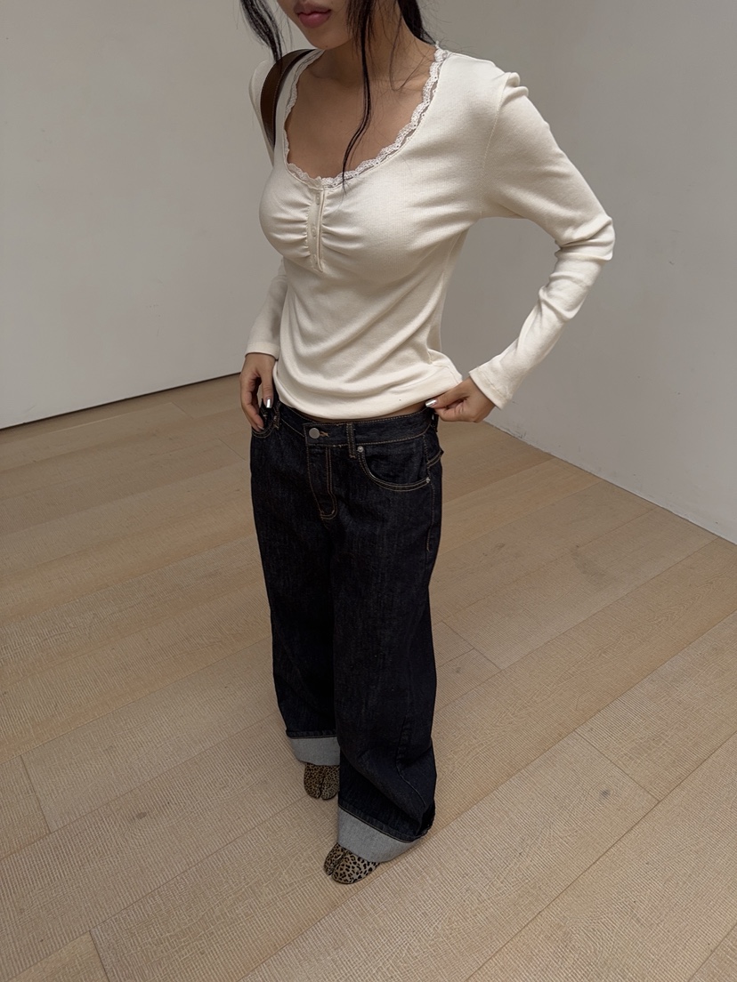 SUNDER MARKET東大門直郵女士新品熱賣推薦長袖T恤蕾絲羅紋SUNDER MARKET長袖T恤