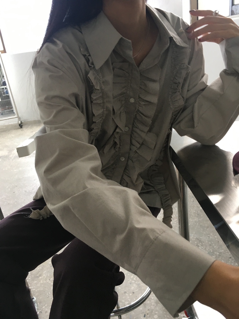 TREMA韓國代購女士新品推薦時尚熱賣休閑職業襯衫蕾絲衫褶邊TREMA襯衫/蕾絲衫
