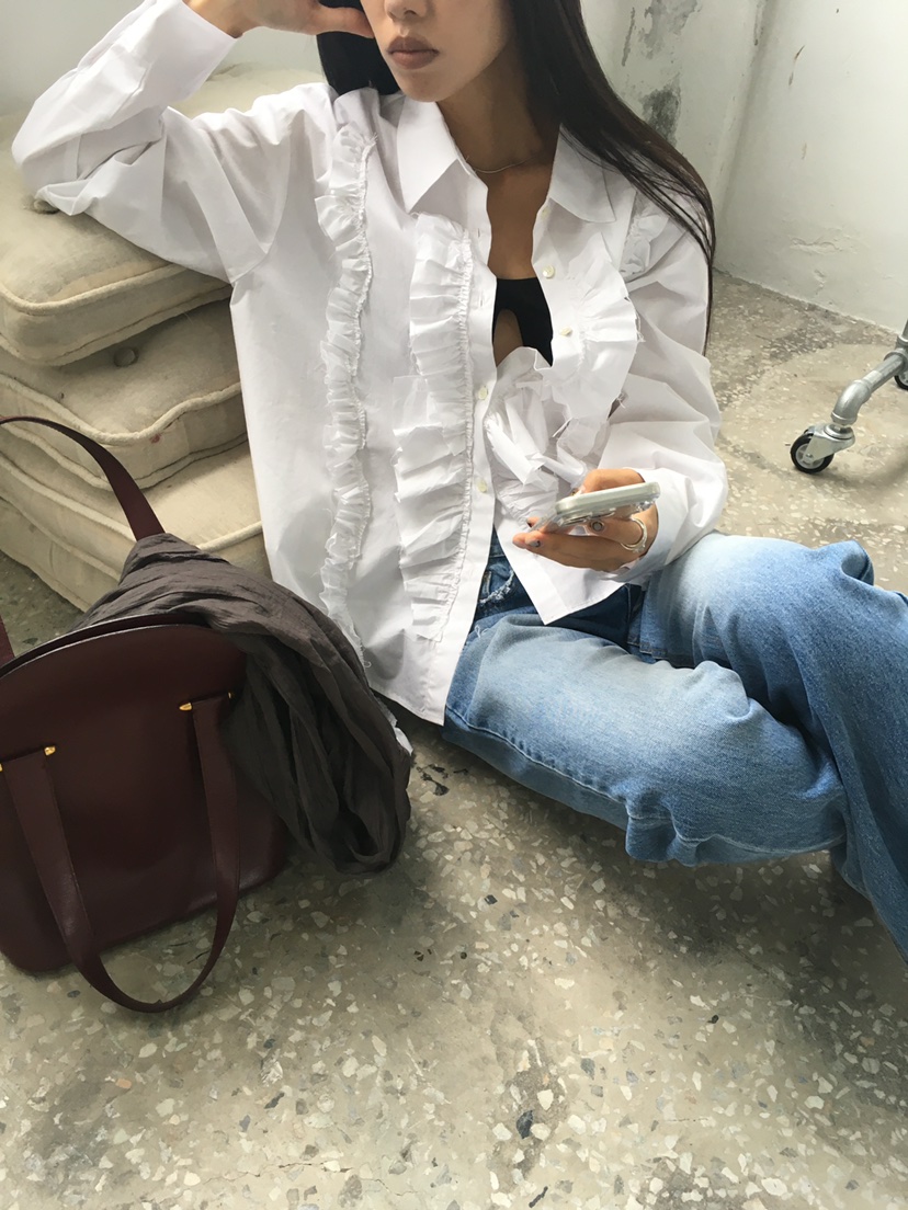 TREMA韓國代購女士新品推薦時尚熱賣休閑職業襯衫蕾絲衫褶邊TREMA襯衫/蕾絲衫
