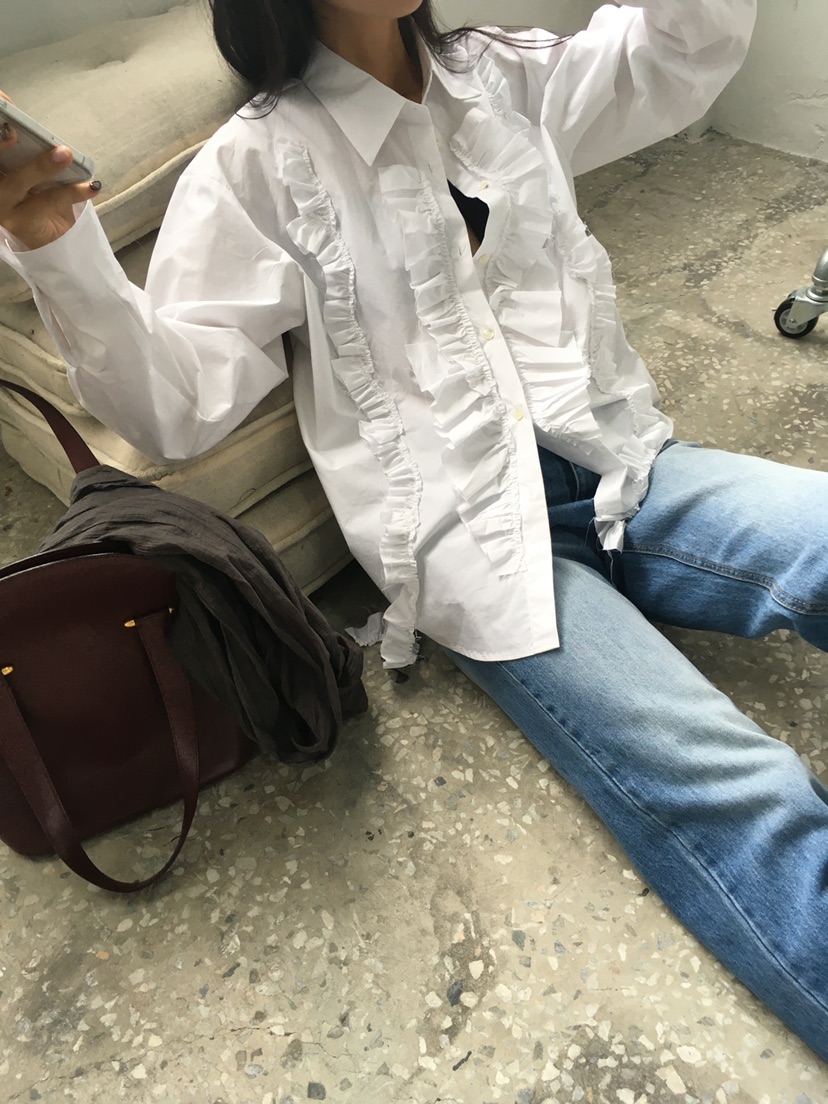 TREMA韓國代購女士新品推薦時尚熱賣休閑職業襯衫蕾絲衫褶邊TREMA襯衫/蕾絲衫