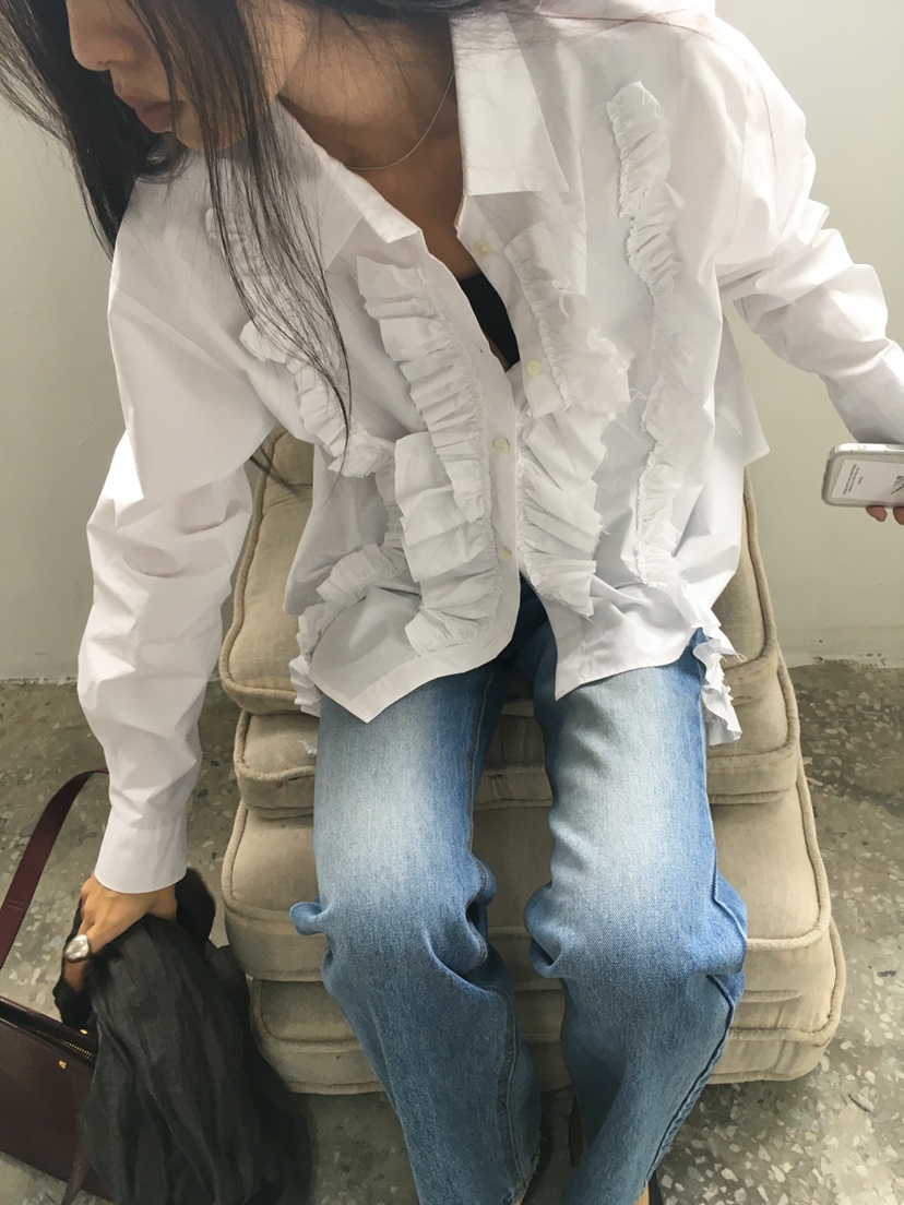 TREMA韓國代購女士新品推薦時尚熱賣休閑職業襯衫蕾絲衫褶邊TREMA襯衫/蕾絲衫