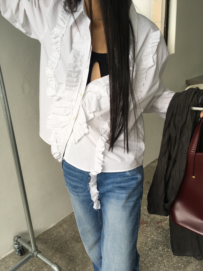 TREMA韓國代購女士新品推薦時尚熱賣休閑職業襯衫蕾絲衫褶邊TREMA襯衫/蕾絲衫
