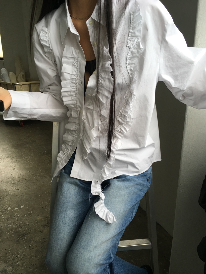 TREMA韓國代購女士新品推薦時尚熱賣休閑職業襯衫蕾絲衫褶邊TREMA襯衫/蕾絲衫