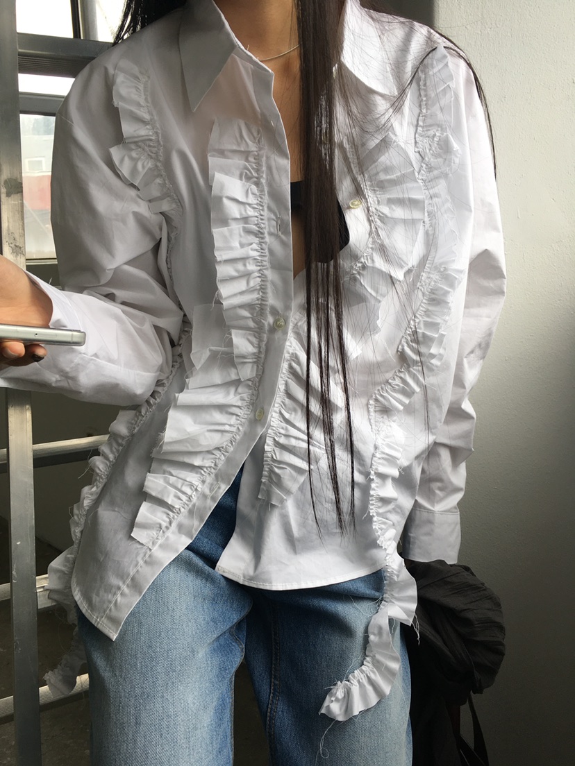 TREMA韓國代購女士新品推薦時尚熱賣休閑職業襯衫蕾絲衫褶邊TREMA襯衫/蕾絲衫