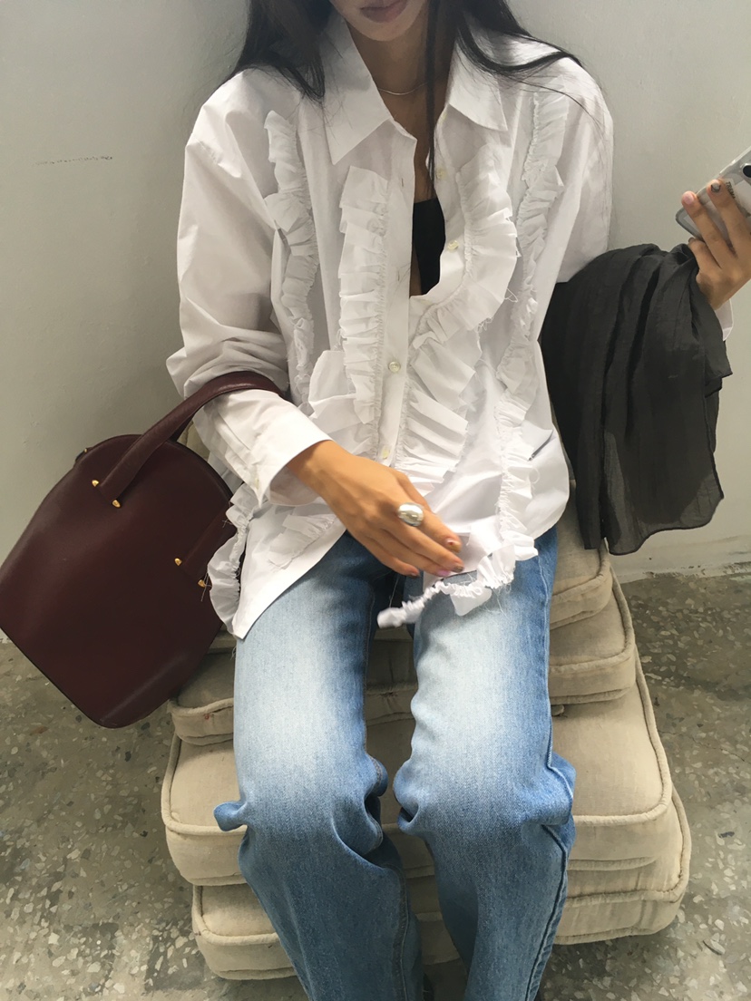 TREMA韓國代購女士新品推薦時尚熱賣休閑職業襯衫蕾絲衫褶邊TREMA襯衫/蕾絲衫