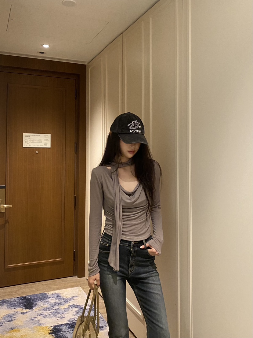 FOUREIGHT東大門代購女士新款時尚熱賣長袖T恤含脖帶披肩FOUR EIGHT長袖T恤