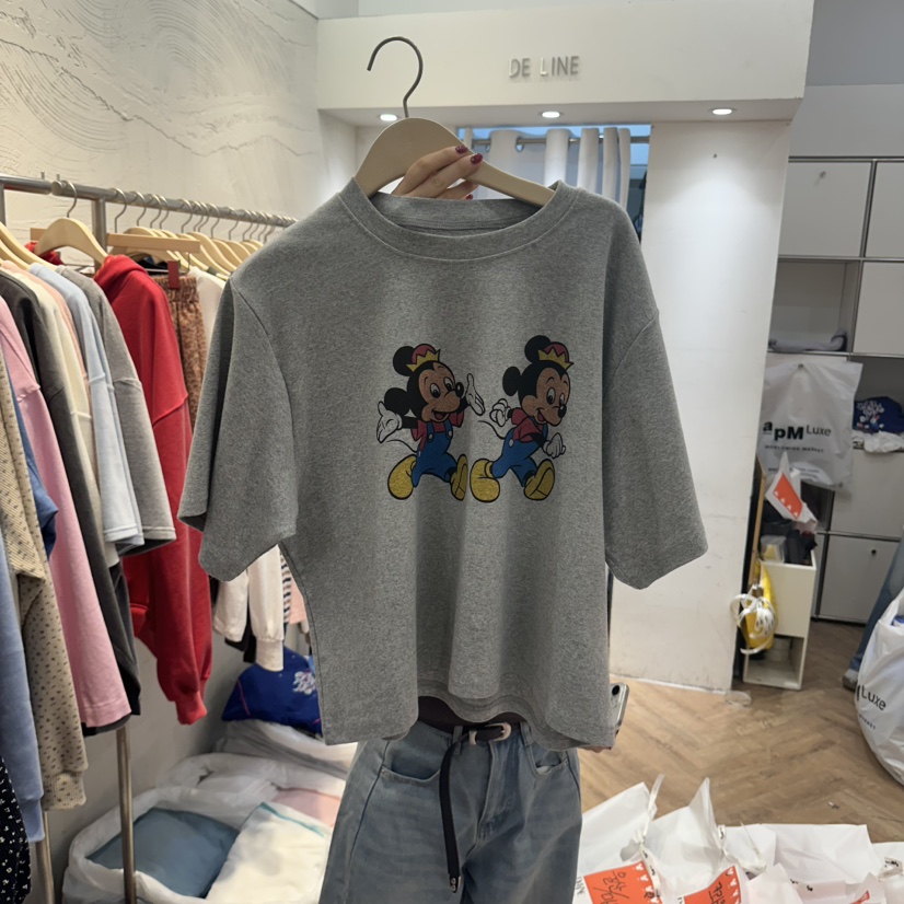 DE LINE韓國直郵女裝新款休閑推薦時尚熱賣人氣T恤米奇短款DE LINET恤圖色2