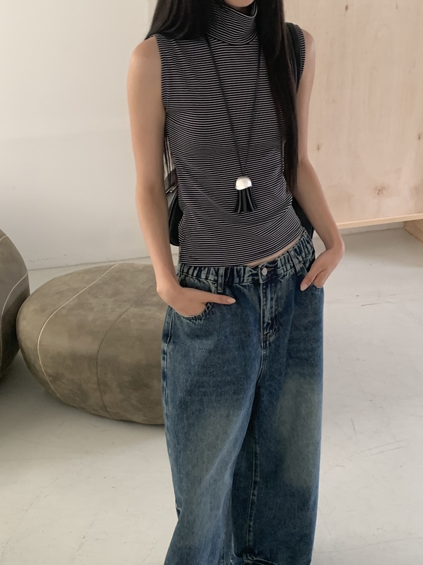 RIVER RAIN東大門實拍女裝新品時尚推薦熱賣吊帶背心高領RIVER RAIN吊帶/背心圖色6黑色條紋