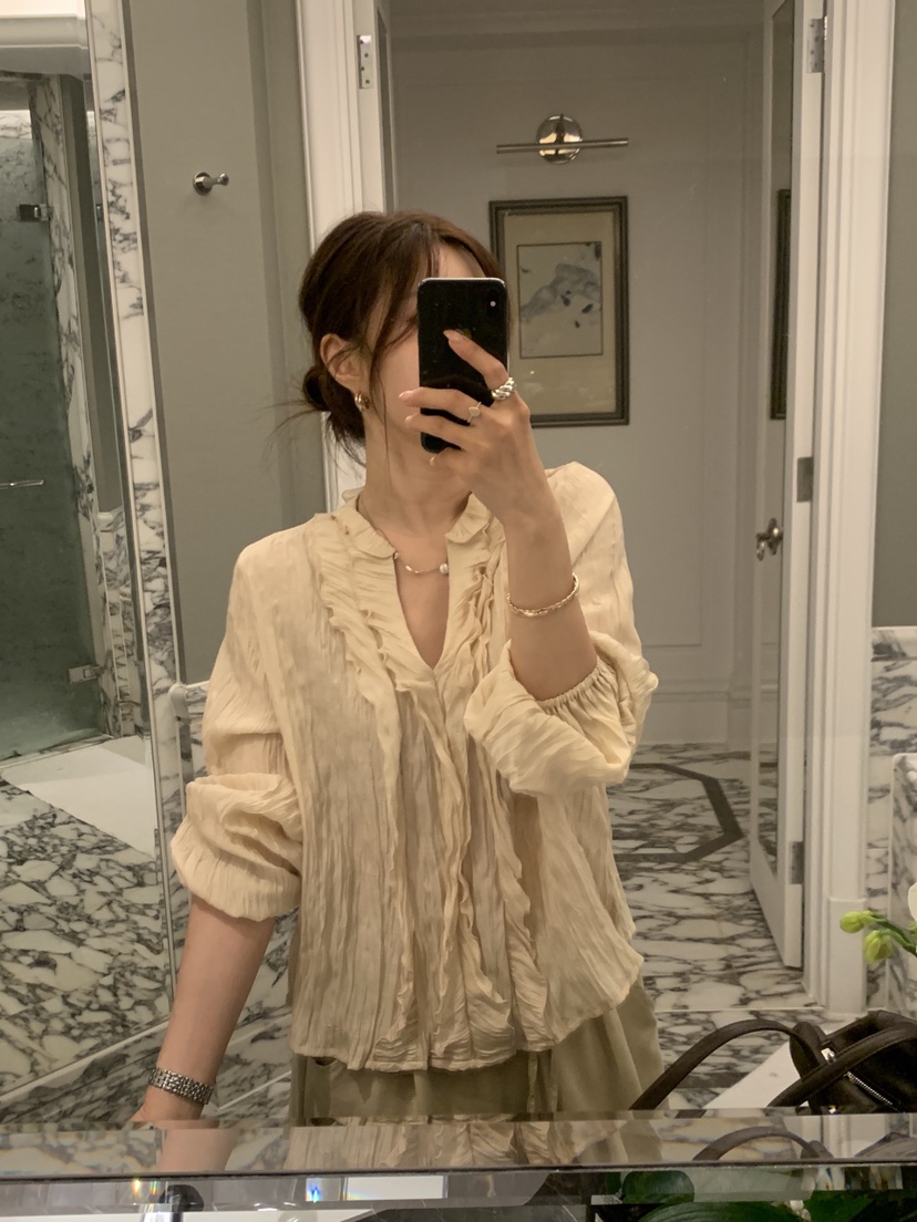 LA CREME韓國代購女士新品時尚人氣推薦休閑襯衫蕾絲衫雙層LA CREME襯衫/蕾絲衫