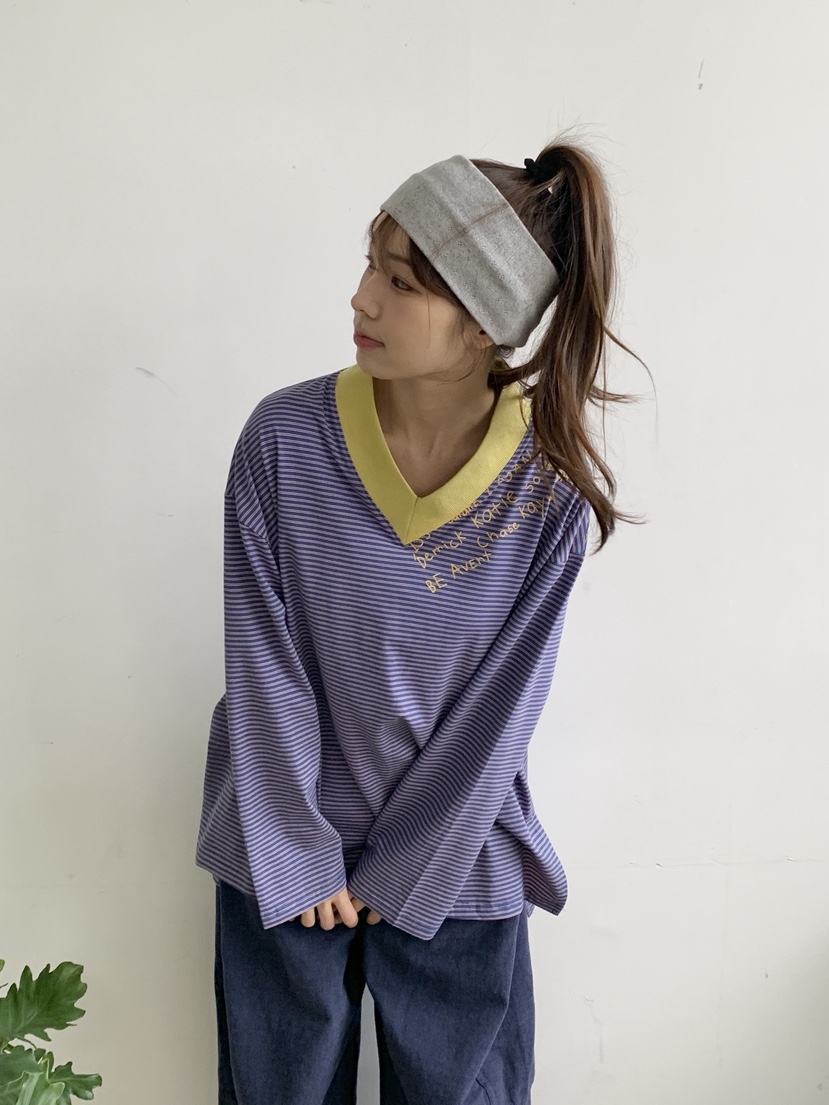MAISONDEGLORY東大門代購女士新品人氣休閑長袖T恤V領條紋Maison de glory長袖T恤