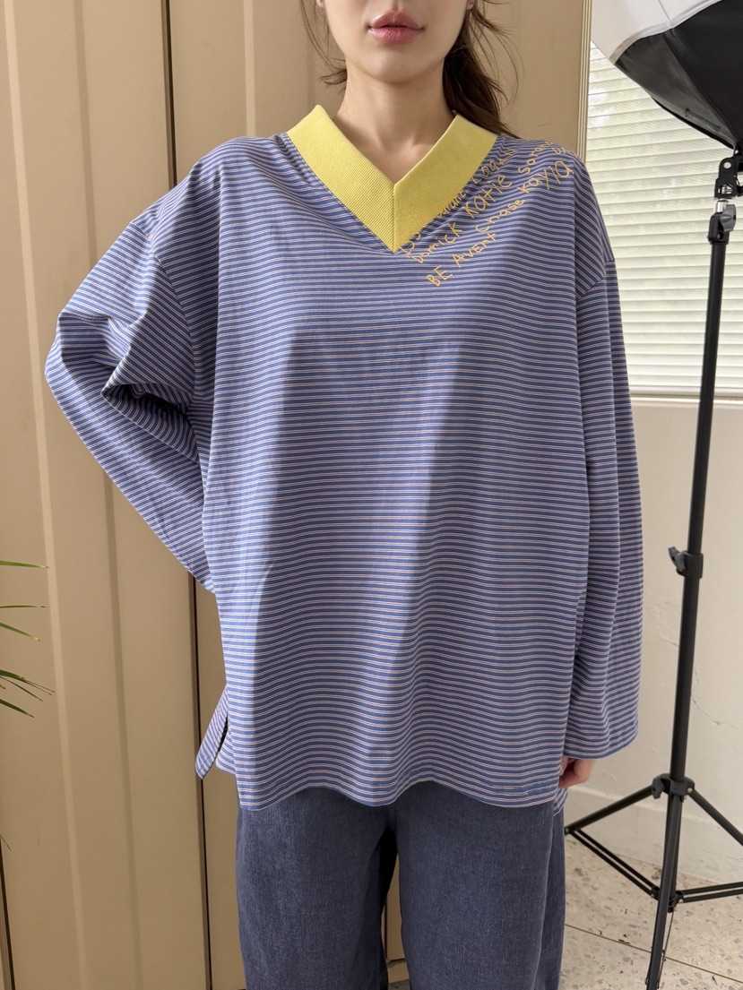 MAISONDEGLORY東大門代購女士新品人氣休閑長袖T恤V領條紋Maison de glory長袖T恤