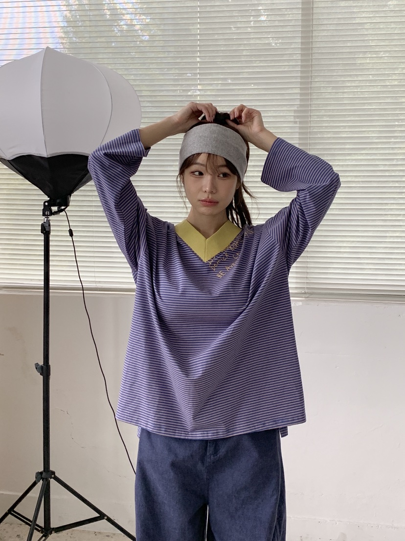 MAISONDEGLORY東大門代購女士新品人氣休閑長袖T恤V領條紋Maison de glory長袖T恤