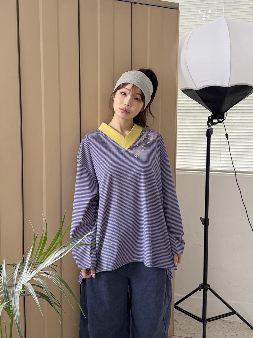 MAISONDEGLORY東大門代購女士新品人氣休閑長袖T恤V領條紋Maison de glory長袖T恤
