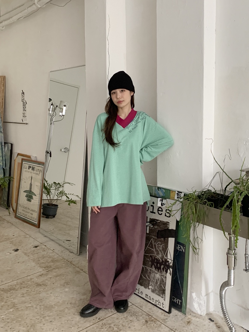 MAISONDEGLORY東大門代購女士新品人氣休閑長袖T恤V領條紋Maison de glory長袖T恤